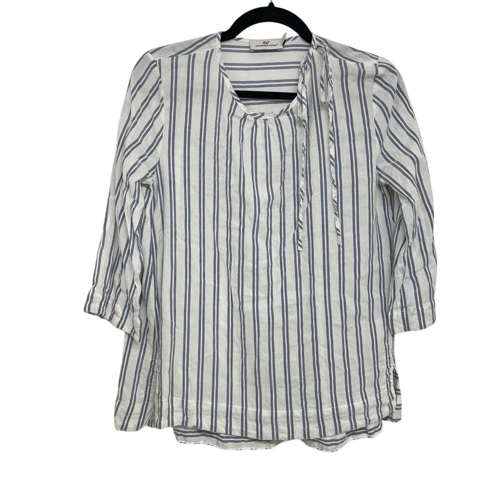 Vineyard Vines Grey & White Striped 3/4 Sleeve Blouse Womens XS Beachy Classic
